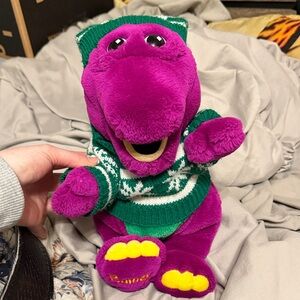 Vintage 1993 Dakin Barney Plush wearing Christmas sweater and hat